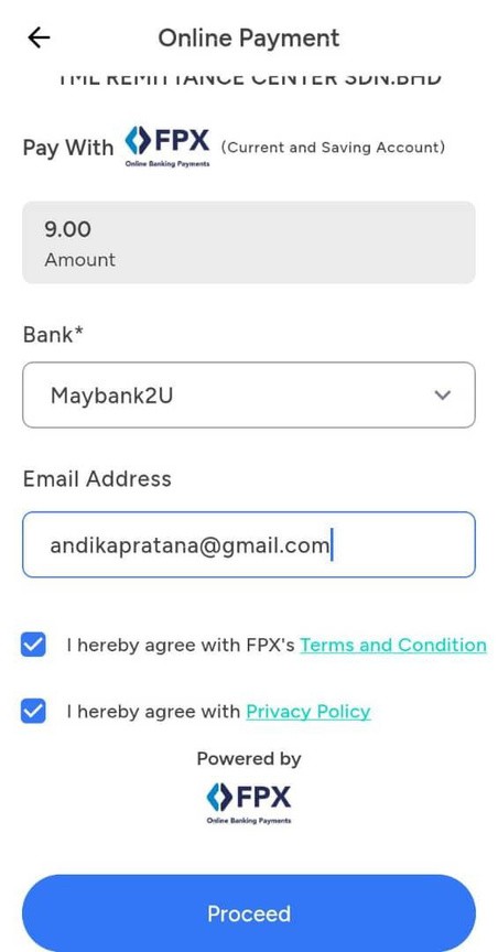 Select a bank for FPX payment, enter the sender's email, and tap Proceed