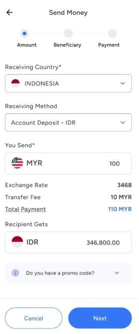 Select the recipient's country, choose Account Deposit or Cash Payment, and enter the amount
